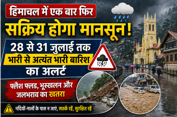 हिमाचल में फिर सक्रिय होगा मानसून, 28 से 31 जुलाई तक भारी बारिश का अलर्ट; फ्लैश फ्लड और भूस्खलन का खतरा